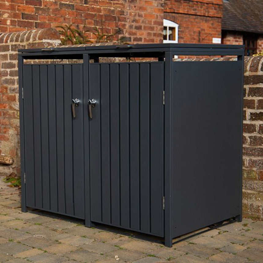 Kingdom Teak Anthracite Galvanised Steel Wheelie Bin Store - Double