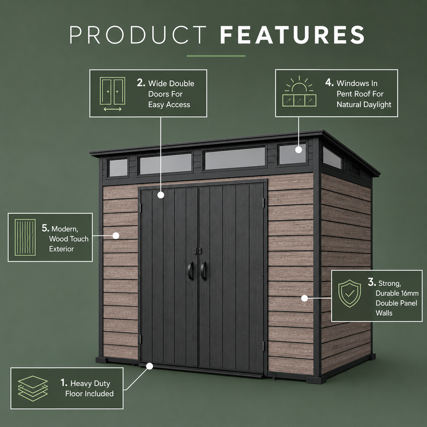 Pro Grade 7ft x 7ft Pent Roof Premium Plastic Garden Shed - Oak Woodgrain Texture