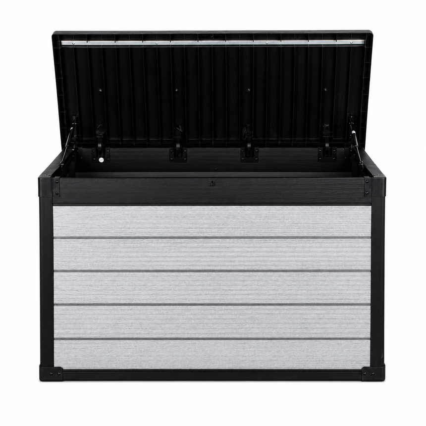 Pro Grade 540L Outdoor Garden Storage Box - Grey Woodgrain - Black Lid