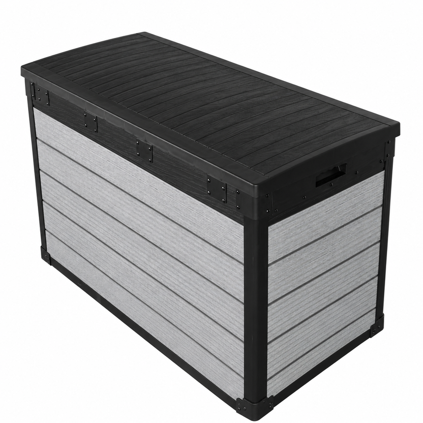 Pro Grade 540L Outdoor Garden Storage Box - Grey Woodgrain - Black Lid