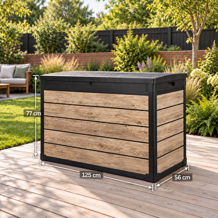 Pro Grade 540L Outdoor Garden Storage Box - Oak Woodgrain - Black Lid