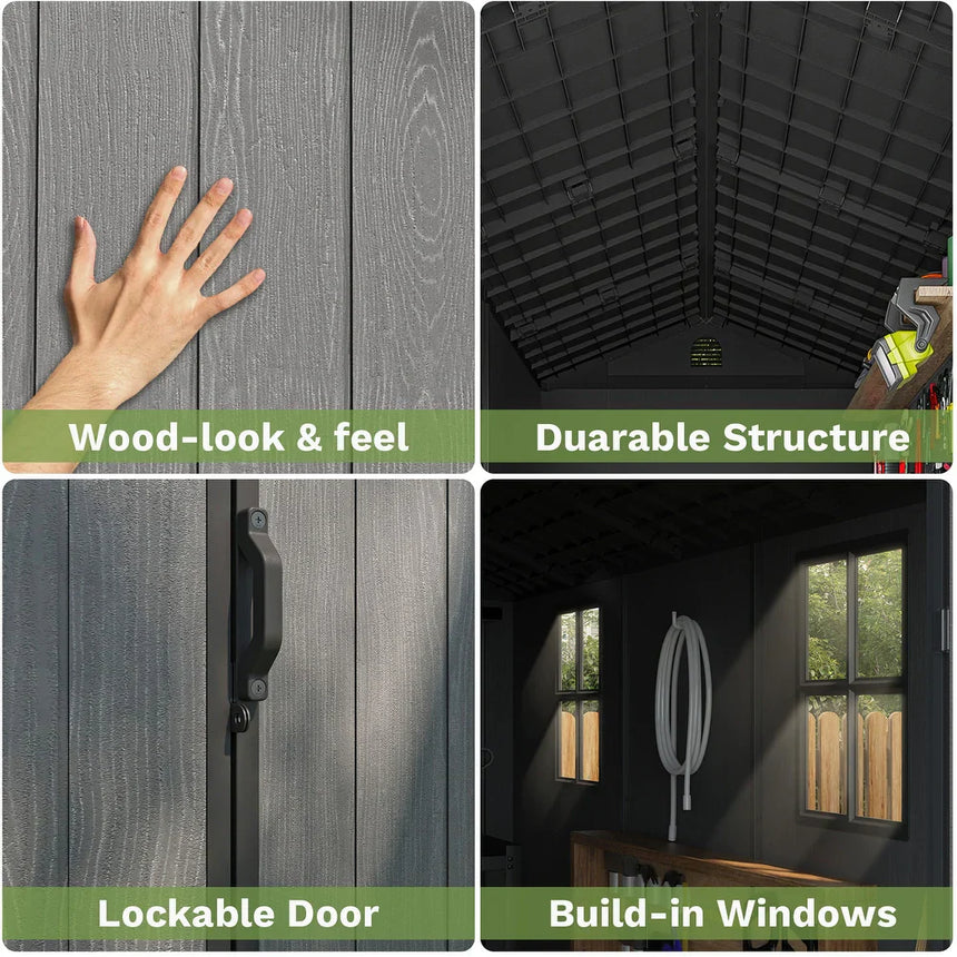 Pro Grade 6ft x 8ft Premium Plastic Double Door Garden Shed - Grey Wood Touch Texture