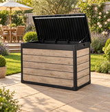 Pro Grade 540L Outdoor Garden Storage Box - Oak Woodgrain - Black Lid