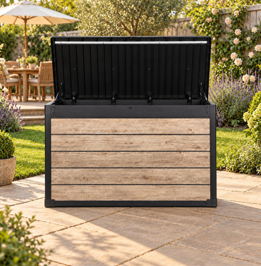 Pro Grade 540L Outdoor Garden Storage Box - Oak Woodgrain - Black Lid