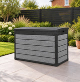 Pro Grade 540L Outdoor Garden Storage Box - Graphite Grey Woodgrain - Black Lid