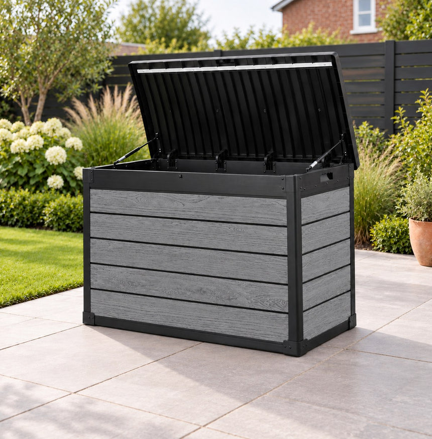 Pro Grade 540L Outdoor Garden Storage Box - Graphite Grey Woodgrain - Black Lid