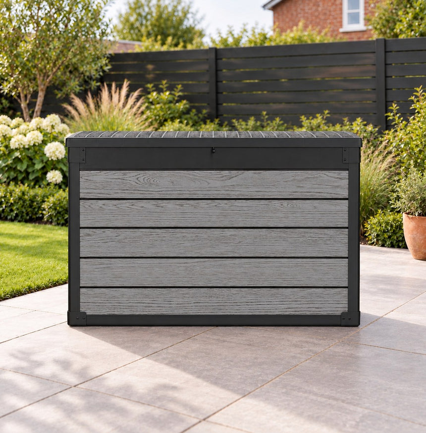 Pro Grade 540L Outdoor Garden Storage Box - Graphite Grey Woodgrain - Black Lid