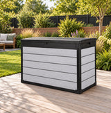 Pro Grade 540L Outdoor Garden Storage Box - Grey Woodgrain - Black Lid