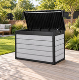Pro Grade 540L Outdoor Garden Storage Box - Grey Woodgrain - Black Lid