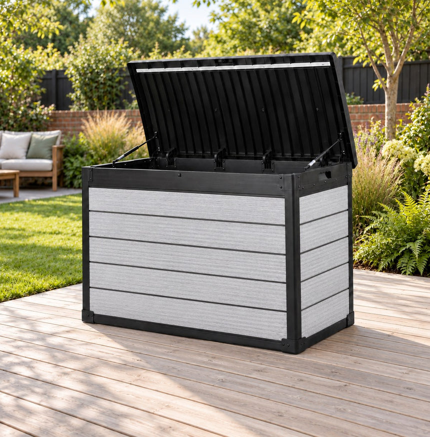 Pro Grade 540L Outdoor Garden Storage Box - Grey Woodgrain - Black Lid