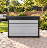 Pro Grade 540L Outdoor Garden Storage Box - Grey Woodgrain - Black Lid