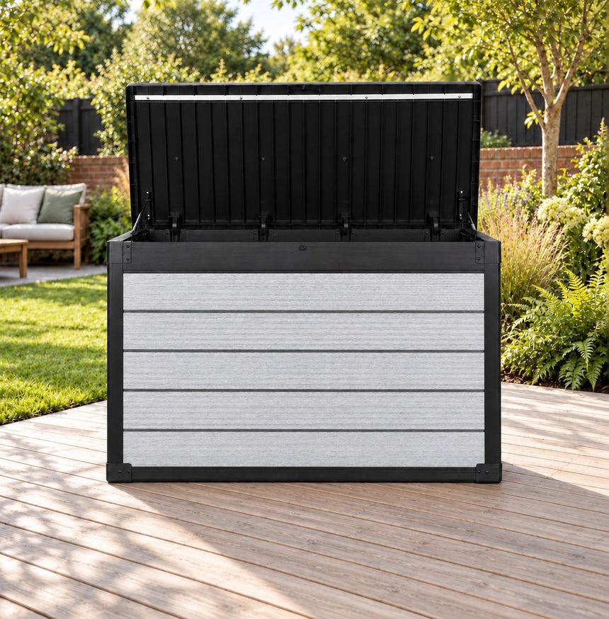 Pro Grade 540L Outdoor Garden Storage Box - Grey Woodgrain - Black Lid