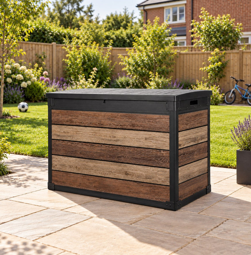 Pro Grade 540L Outdoor Garden Storage Box - Walnut Woodgrain - Black Lid