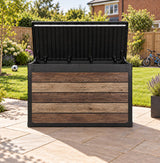 Pro Grade 540L Outdoor Garden Storage Box - Walnut Woodgrain - Black Lid