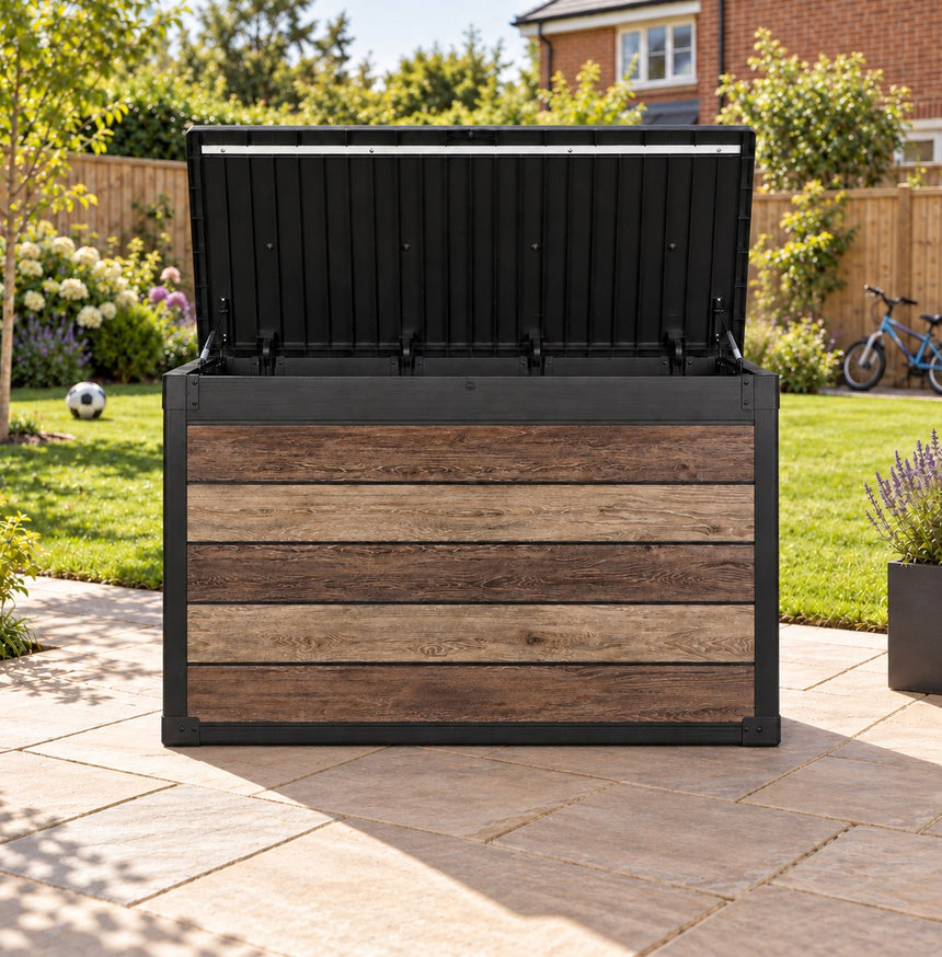 Pro Grade 540L Outdoor Garden Storage Box - Walnut Woodgrain - Black Lid