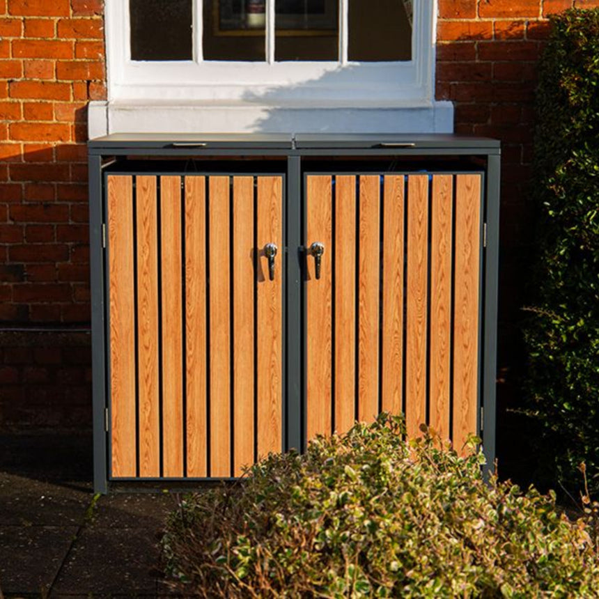 Kingdom Teak Wood Effect Galvanised Steel Wheelie Bin Store - Double