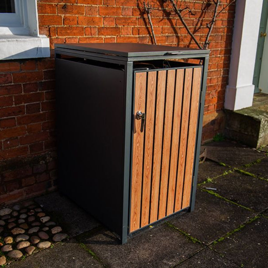 Kingdom Teak Wood Effect Galvanised Steel Wheelie Bin Store - Single